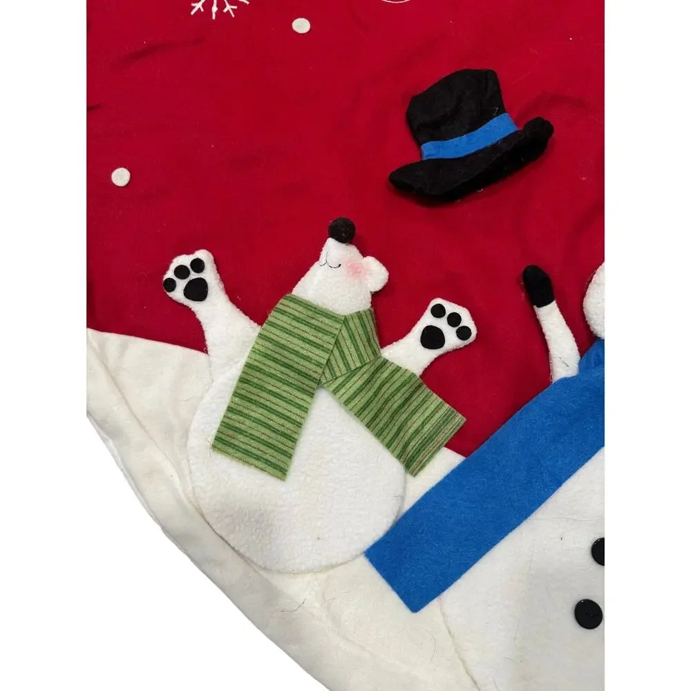 Kohl’s Christmas Tree Skirt Snowman Polar Bear Penguin 48” Red White Plush Decor